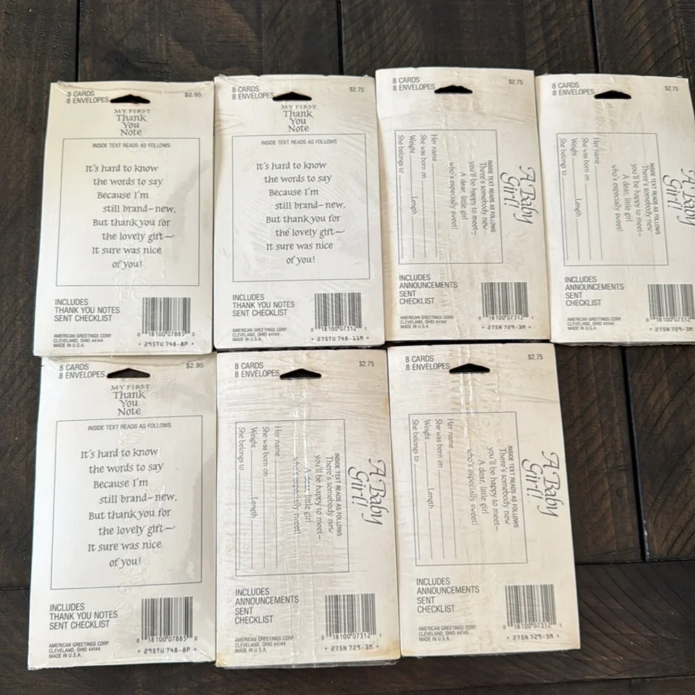 7 unopened packages of 1980s birth announcements and thank you notes.